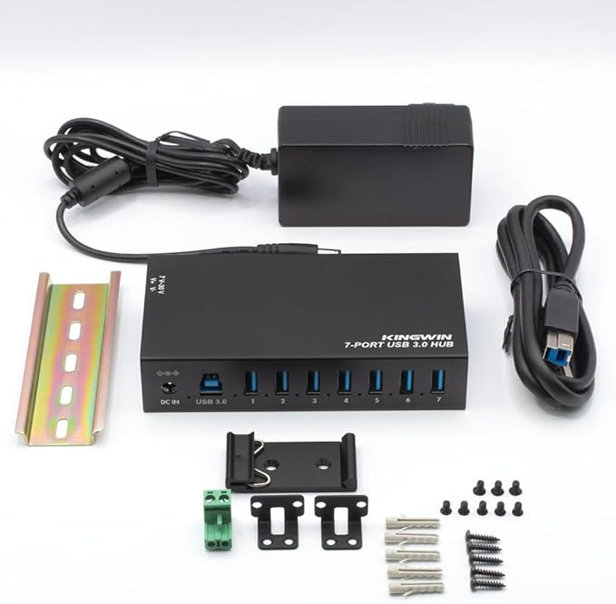 Kingwin 7-Port USB 3.0 Hub Offers 5Gbps speeds Powered Expansion and a Durable mountable Aluminum Design. Ideal for PC Laptop POS and Server Racks. Plug &amp Play.