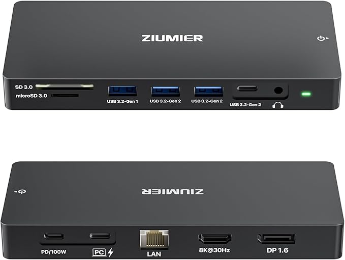 ZIUMIER USB C Docking Station Dual Monitor 12 in 1 Laptop Docking Station - Single 8K or Dual 4K Displays 1 HDMI 1 DP 100W PD 3x10Gbps USB-A/C Data 5Gbps USB-A Data Ethernet Audio SD/Micro SD