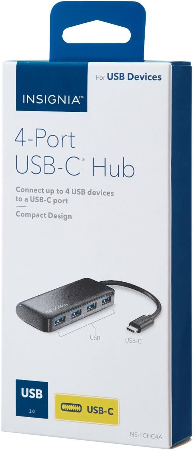 Insignia 4-Port USB-C Hub Fast Data Transfer USB Splitter Expander for Laptop Xbox Flash Drive HDD Console Printer Camera MacBook Surface PC Black