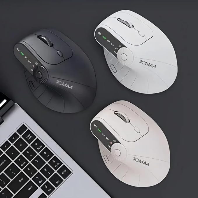 JOMAA Wireless 2.4G &amp Dual Bluetooth Three-Channel Ergonomic Vertical Mouse Adjustable DPI Multi-Function Turntable for PC Laptop MacBook Rechargeable (Black)