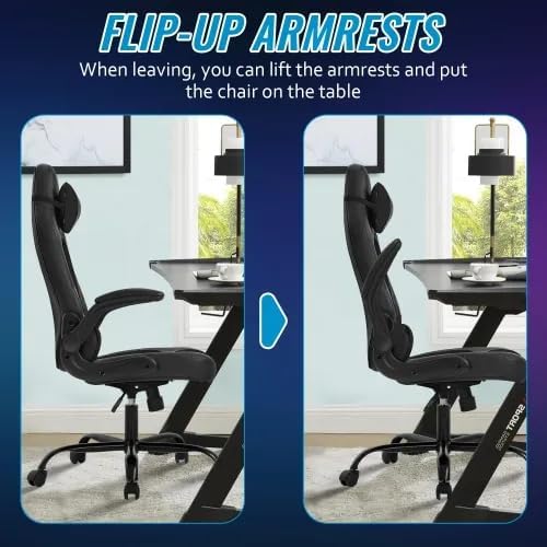 Gaming Desk Chair PC Gaming Chair Gamer Chair Comftorable Ergonomic PU Leather Computer Office Chair with Lumbar Support Flip Up Arms High Back Executive Gaming Stuff for Girl Kids Adults (Black)