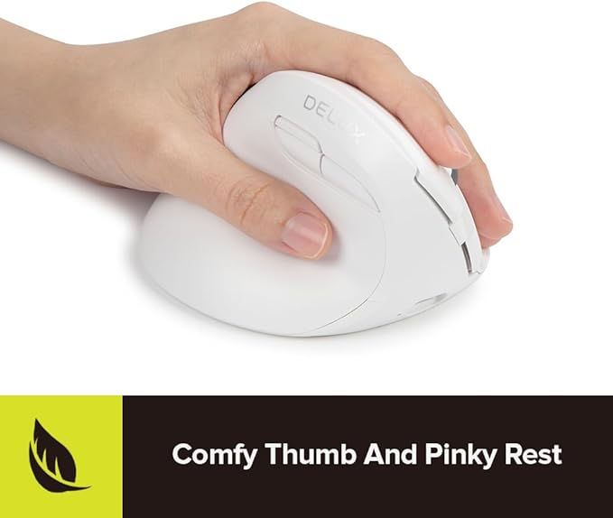 DELUX Left Handed Ergonomic Mouse Mini Wireless Vertical Mouse Silent Click Ergonomic Mouse Up to 4000 DPI 6 Buttons Rechargeable Bluetooth/2.4G/ Wired Tri-Mode for Laptop/PC (M618ZD-White)