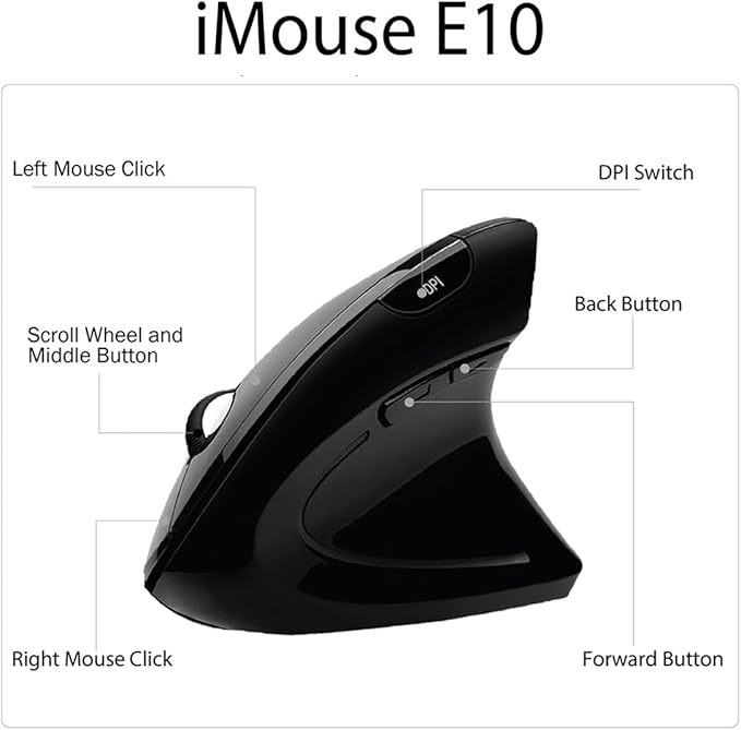 Adesso iMouse E10 - Vertical Ergonomic Optical 6-Button 2.4 GHz RF Wireless Mouse - Right Hand Orientation Black