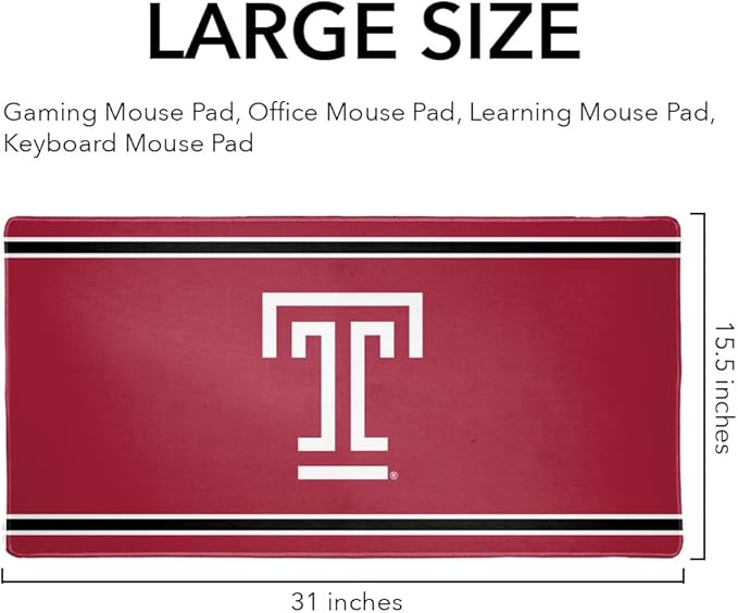 Temple University Owls Primary Logo Stripes Large Gaming Mouse Pad Desk Mat with Stitched Edges Non-Slip Base for Gamer Home and Office 31.5 x 15.7