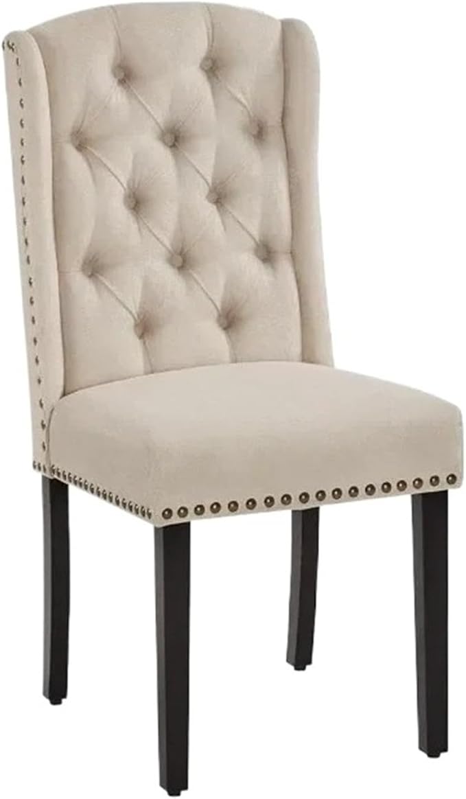 Adjustable Office Computer Chair with Armrest 1pcs Beige Upholstered Tufted Button Backrest Fabric Dining Chairs with Solid Wood Legs
