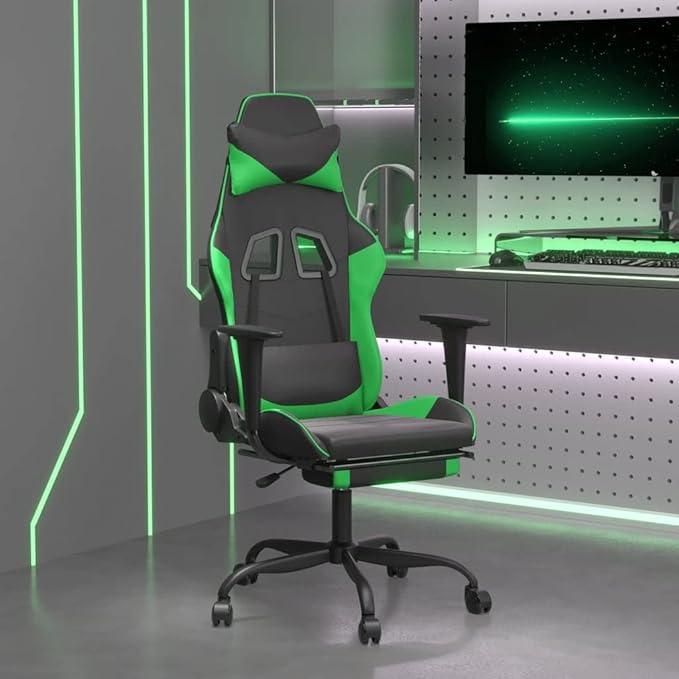 YAFF Massage Gaming Chair with Footrest Black&ampGreen Faux Leather-5414