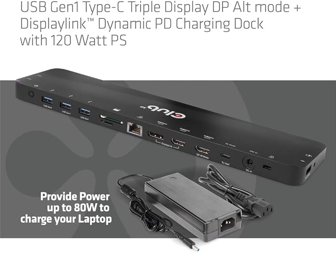 Club 3D CSV-1566 USB Gen1 Type-C Triple Display DP Alt Mode Displaylink Dynamic PD Charging Dock with 120 Watt PS