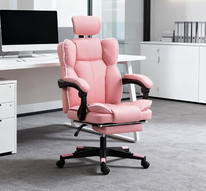 Adjustable Pink PU Leather Gaming Chair - 135° Recline Built-in Footrest 360° Swivel for Home/Office