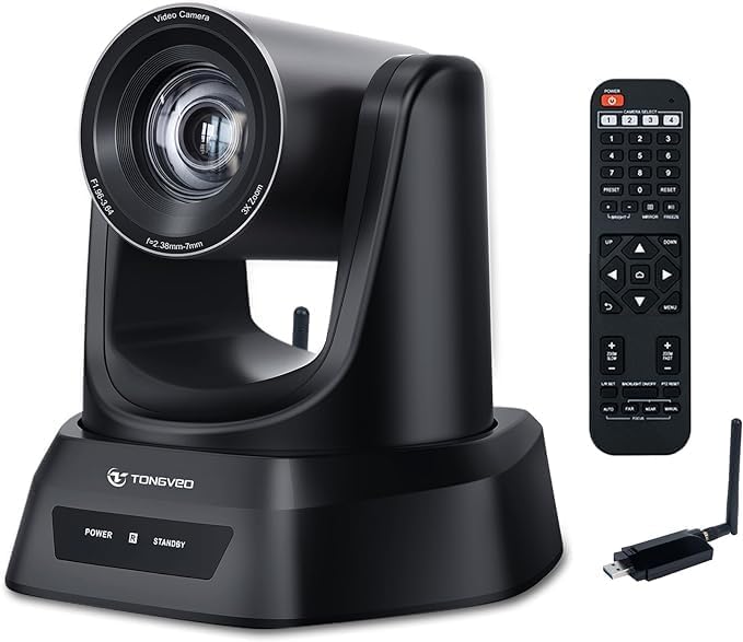 TONGVEO Wireless Conference Room Webcam Church Live Streaming 20X USB 1080P 60fps PTZ Camera for Worship Services Online Conference Works with Zoom Skype OBS Easy to Set Up