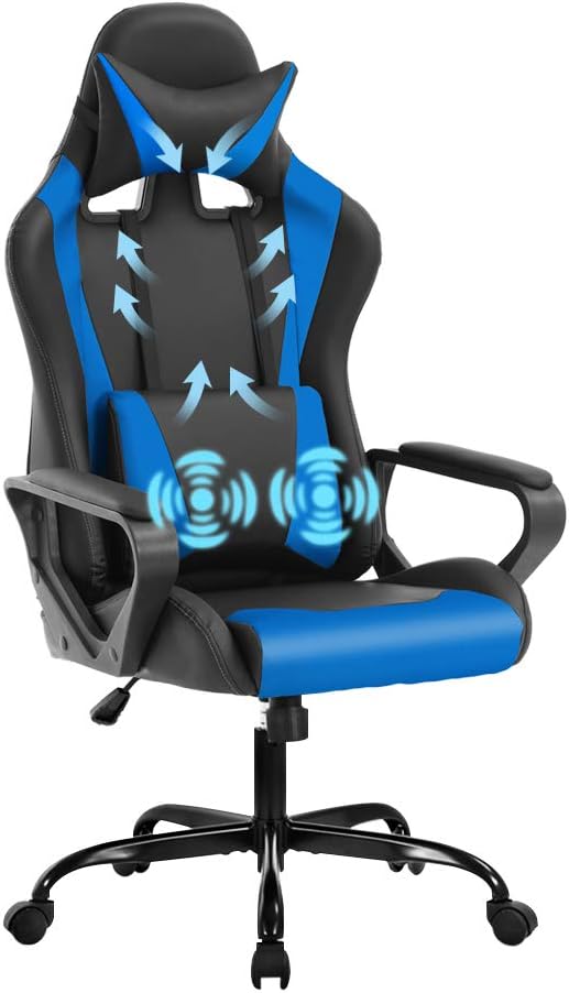 Racing Style Gaming Chair Office Chair High Back Computer Chair Leather Desk Chair Ergonomic Executive Chair Adjustable Video Game Chair Swivel Task Chair w/Headrest and Massage Lumbar Support Blue