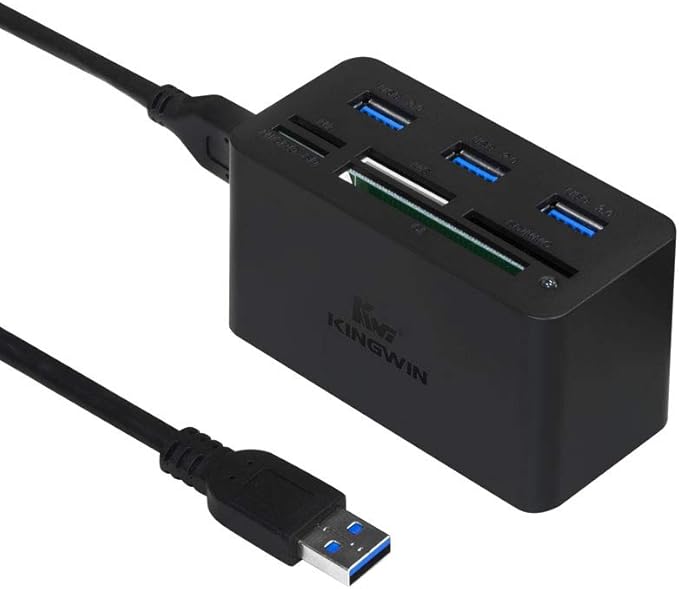 Kingwin USB HUB Adapter w/ Memory Card Reader Writer &amp USB 3.0 HUB Combo - Supports High Speed SD MS Micro M2 CF Card Reader For Macbook Laptop Desktop - Includes USB Cable 5 Gbps Speed Black