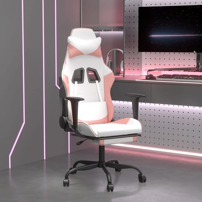 Gaming Chair with FootrestFaux Leather Computer Game ChairOffice ChairErgonomic Desk Chair PC Gaming Chair for Adults Teens(White&ampPink)