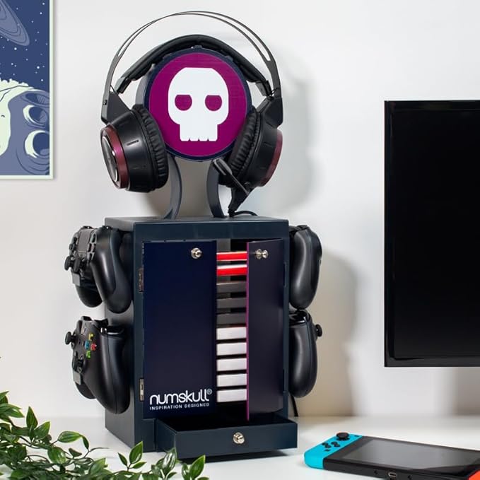 Numskull Official Gaming Accessory Locker &amp Storage Stand – Holds 10 Games/DVDs 4 Controllers Headset and Accessories – Durable &amp Compact Organizer – Official Merchandise
