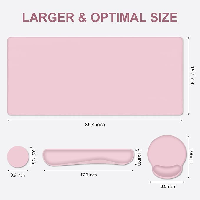 Mouse Pad Desk Pad Protector Keyboard Wrist Rest + Mouse Pad Wrist Rest +Coaster Large Gaming Pad for Computer Keyboard Laptop XXL Desk Mat Writing Pad for Office and Home Pink