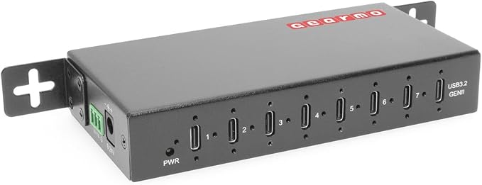 Gearmo 7 Port USB-C Hub - USB 3.2 Gen 2 10Gbps Secure Screw-Locking Ports ESD Protection Surface &amp DIN Mount