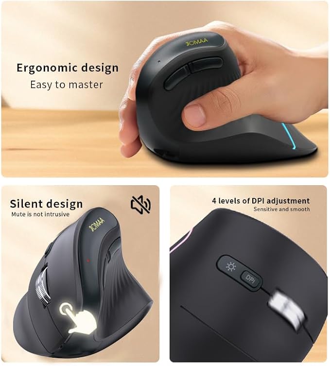 JOMAA Wireless Vertical Mouse Multi-Device Bluetooth 5.2 &amp 2.4G Ergonomic Mouse with RGB Lighting 4000 CPI 500mAh Rechargeable for Laptop PC Computer Mac WindowsAndroid Desktop