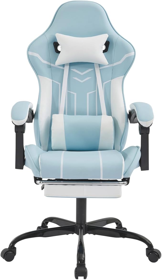 Blue Gaming Chair Ergonomic Computer Chair with Footrest ＆ Lumbar Support Height Adjustable Game Chairs with 360°-Swivel Seat and Headrest for Adults Office