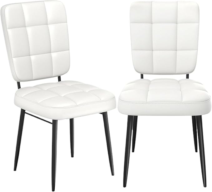 Adjustable Office Computer Chair with Armrest 2pcs Leather Upholstered Dining Chairs with Thick Cushion High Backrest and Metal Legs(White)