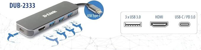 D-Link DUB-2333 5-in-1 USB-C Hub with Power Delivery (PD 60W) 4K HDMI 3 USB 3.0 Ports for Windows macOS Computers Chromebooks iPad Pro Laptops Desktops