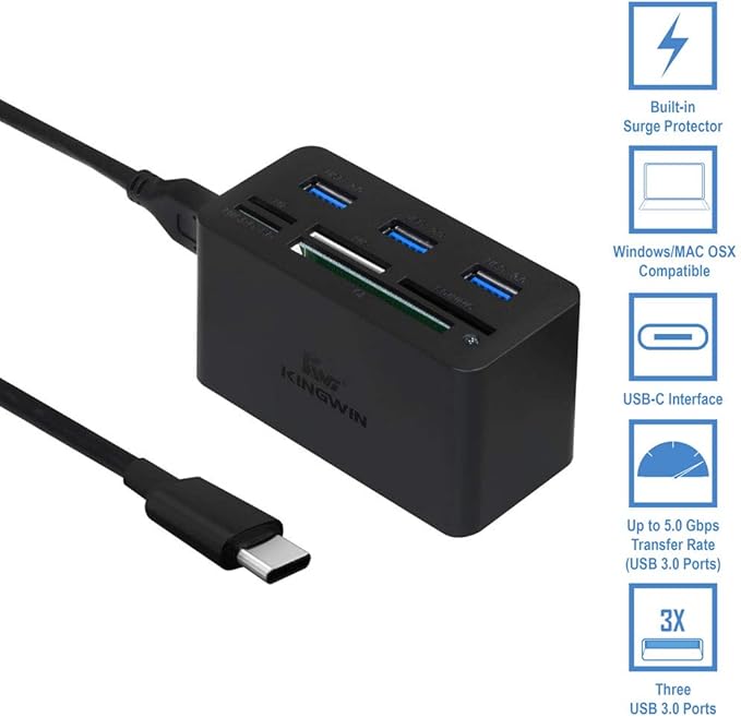 Kingwin USB C Hub Adapter w/ Card Reader Write &amp USB 3.0 HUB - Thunderbolt 3 Supports High Speed SD MS Micro M2 CF For Macbook Laptop Desktop type-c