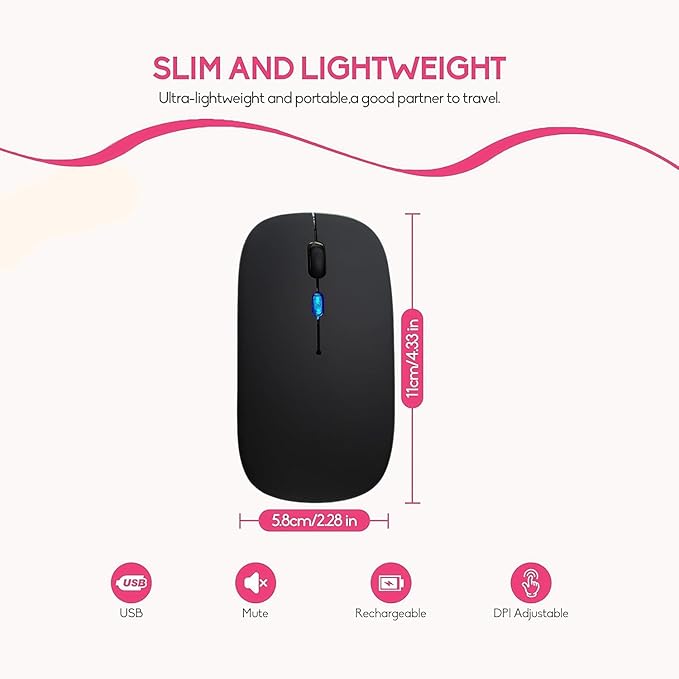 Sahara - Wireless Mouse with Silent Click | Bluetooth &amp USB Connection | Rechargeable Battery | USB &amp Type C Adapter