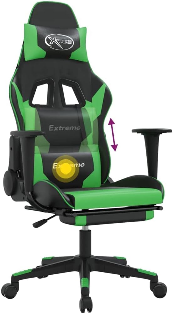 Massage Gaming Office Chair with Footrest Faux Leather Massage Office Chair Ergonomic Desk Chair Rolling Swivel Adjustable PC Computer Chair for Women Adults Girls(Black&ampGreen)