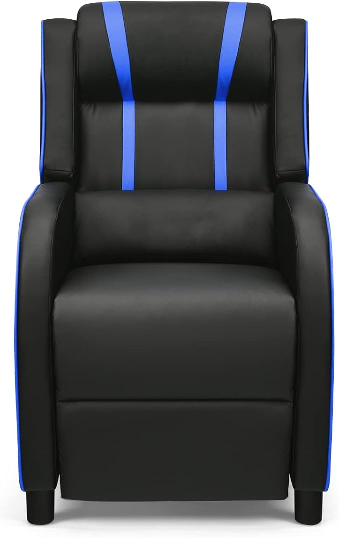 8AM Office Gaming Massage Recliner Sofa Ergonomic PU Leather Gaming Recliner Sofa with Footrest Lumber Support Side Pouch &amp Remote Control for Gaming Living Room Theater (Blue)