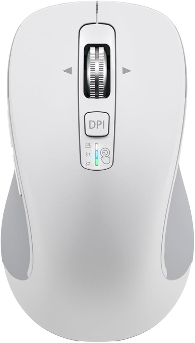 Wireless Bluetooth Mouse (USB + BT1 + BT2) Full Size 4-Way Scrolling Multi-Device Silent Mouse for Computer Laptop iPad MacBook (White)