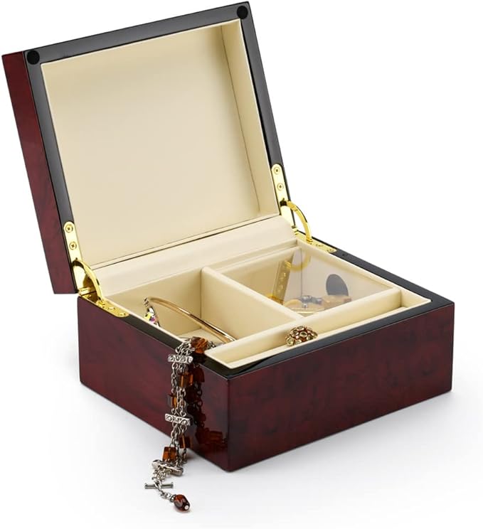 MusicBoxAttic Modern Hi Gloss 30 Note Burl Wood 3.6 LCD Video Jewelry Box - Four Seasons Spring