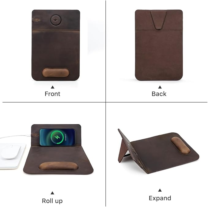 Hiram Premium Crazy Horse Leather Mouse Pad with 15W Wireless Charging - Ergonomic Wrist Rest Waterproof and High-End Cowhide Touch(9inx13in)