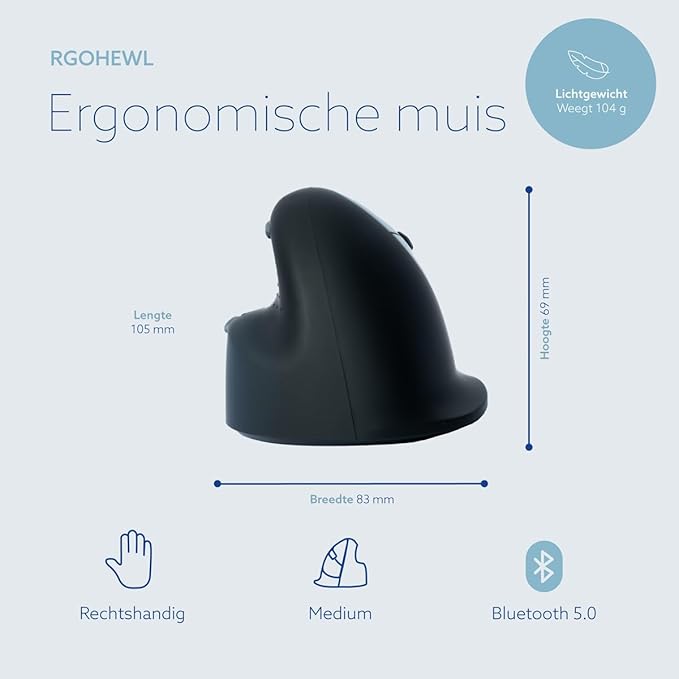R-Go HE Ergonomic Mouse Bluetooth 5.0 Silent Click Vertical design With Break Software Prevents Tennis Elbow/RSI Arm Rechargeable For Windows/Mac 5 Buttons Black