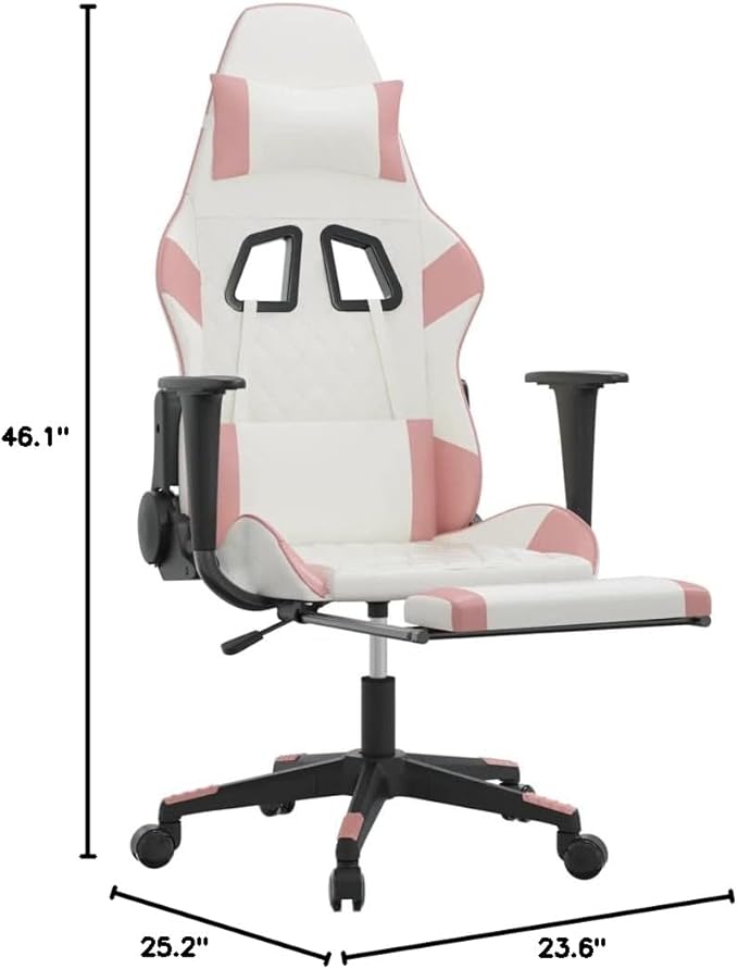 Massage Gaming Chair with Footrest and Lumbar Support Computer Chair Height Adjustable Game Chair with 360°-Swivel Seat and Headrest White&ampPink Faux Leather