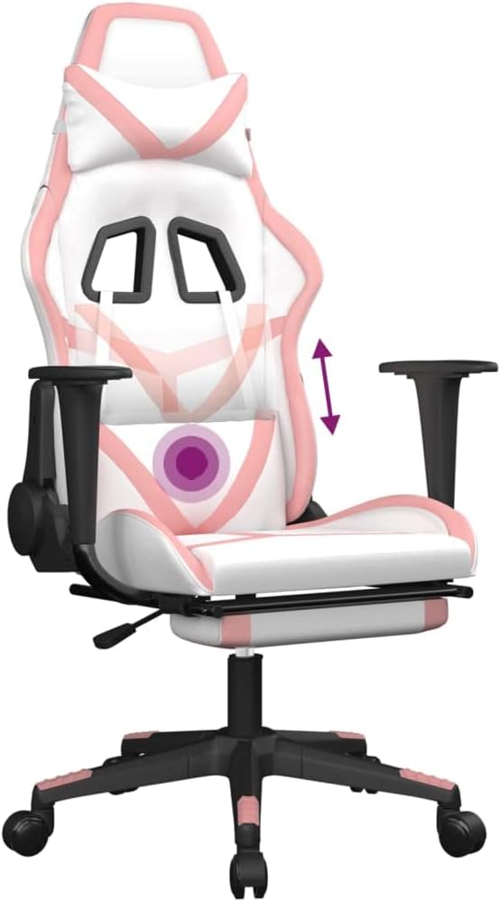 Massage Gaming Chair with Footrest White&ampPink Faux Leather