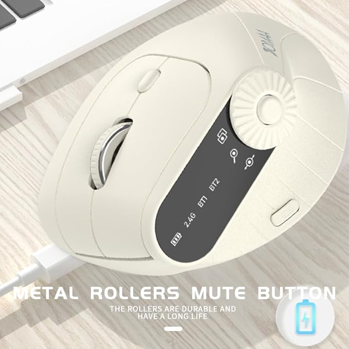 JOMAA Wireless 2.4G &amp Dual Bluetooth Three-Channel Ergonomic Vertical Mouse Adjustable DPI Multi-Function Turntable for PC Laptop MacBook Rechargeable (Beiga)