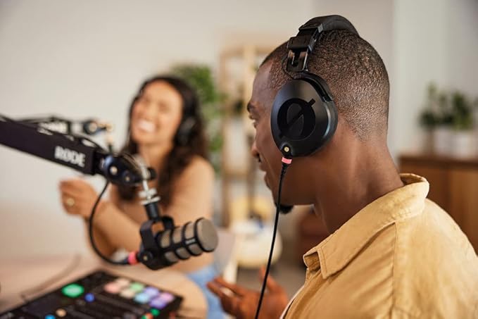 Rode PodMic Dynamic Podcasting Microphones (Pair) with 2X PSA1+ Professional Studio Boom Arms NTH-100 Professional Closed Back Over Ear Headphones XLR Cables and StreamEye Polishing Cloth