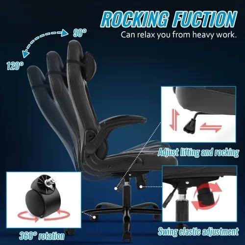 Gaming Desk Chair PC Gaming Chair Gamer Chair Comftorable Ergonomic PU Leather Computer Office Chair with Lumbar Support Flip Up Arms High Back Executive Gaming Stuff for Girl Kids Adults (Black)