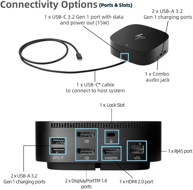 Genuine HP Docking Station for Laptop Dual Monitor and Charging Bundle-HP USB-C G5 Dock 5YH27AV#ABA with 120W AC Adapter HDMI Cable USB-C Cable &amp Fiber Cloth &amp Reusable Cable Ties