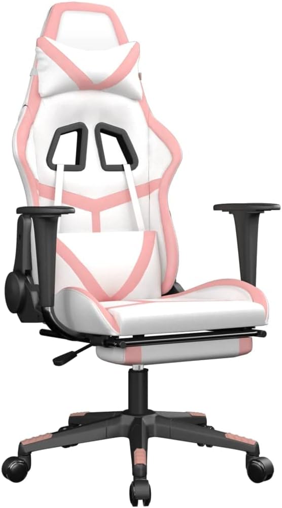 Massage Gaming Chair with Footrest White&ampPink Faux Leather