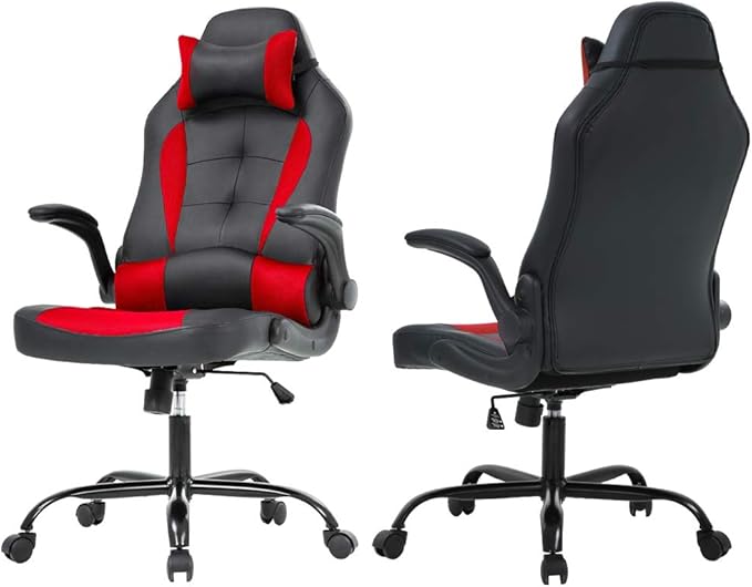 Meet perfect Gaming Chair Ergonomic Office Chair Desk Chair Leather Computer Chair Lumbar Support and Head Pillow Modern Executive Chair Adjustable Rolling Swivel Task Chair Home Office Chair Red