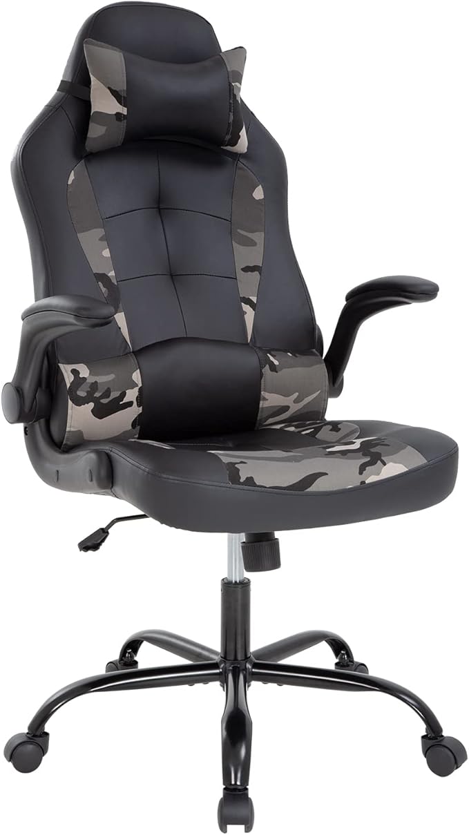 Gaming Chairs for Adults PU Leather Swivel Rolling Adjustable Game Chair with Lumbar Support Flip Up Arms Headrest for Adults Women Men Video Game Chairs Ergonomic Gaming Chair