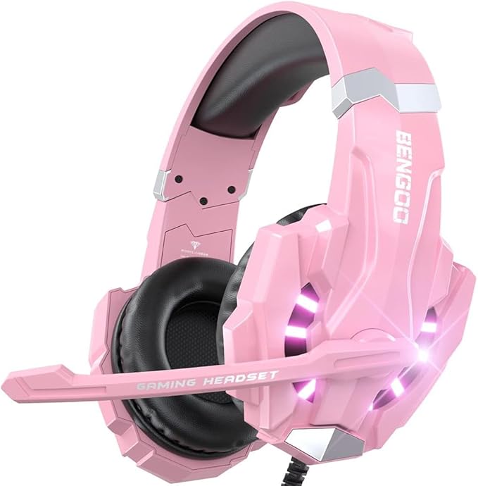 BENGOO G9000 Professional Gaming Headset for PS4 PC Xbox One Controller Noise Cancelling Over Ear Headphones with Mic LED Light Bass Surround Soft Memory Earmuffs for Laptop - Pink