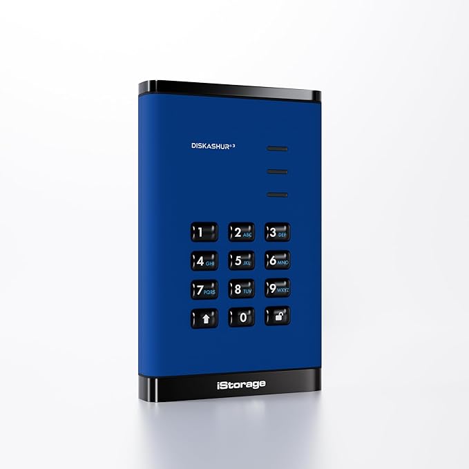 iStorage diskAshur3 HDD 500GB Blue - Secure Portable Hard Drive - Password Protected - Dust &amp Water Resistant - Hardware Encryption
