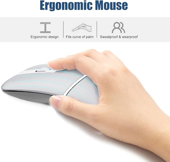 Foldable Arc Wireless Mouse Silent Click Bluetooth 5.0 and 2.4GHz Dual Modes Portable Curved Mouse for Home Office Travel (Silver)