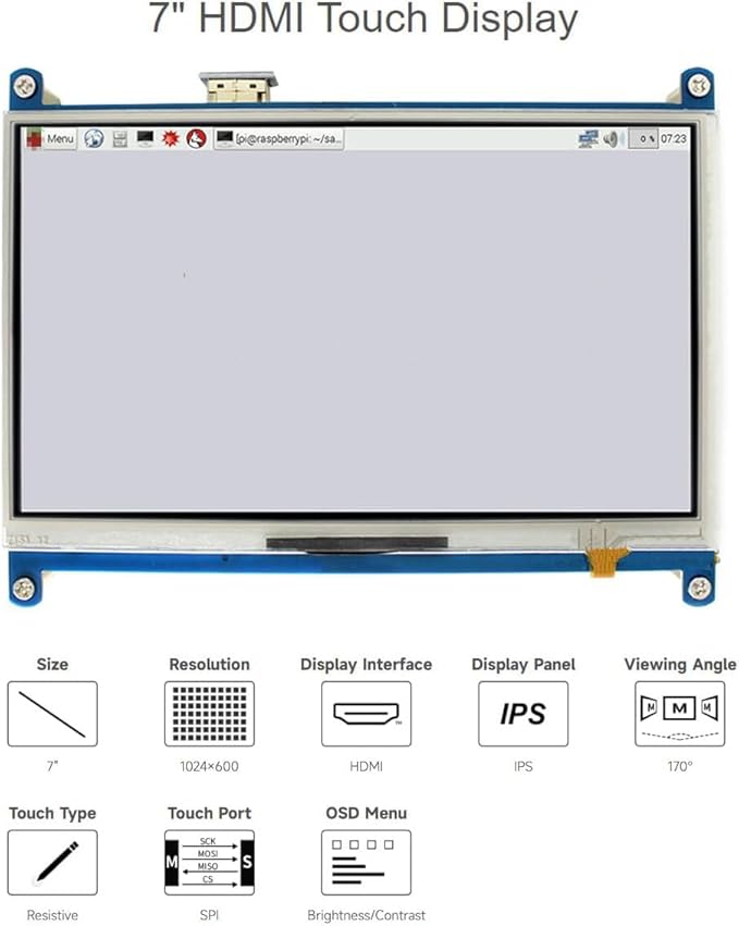 7inch Resistive Touch Screen LCD for Raspberry Pi 4B/3B+/3A+/Zero/Zero W/WH/Zero 2W CM3+/4 1024×600 Resolution HDMI IPS for Windows 11/10 / 8.1/8 / 7 (7inch HDMI LCD)