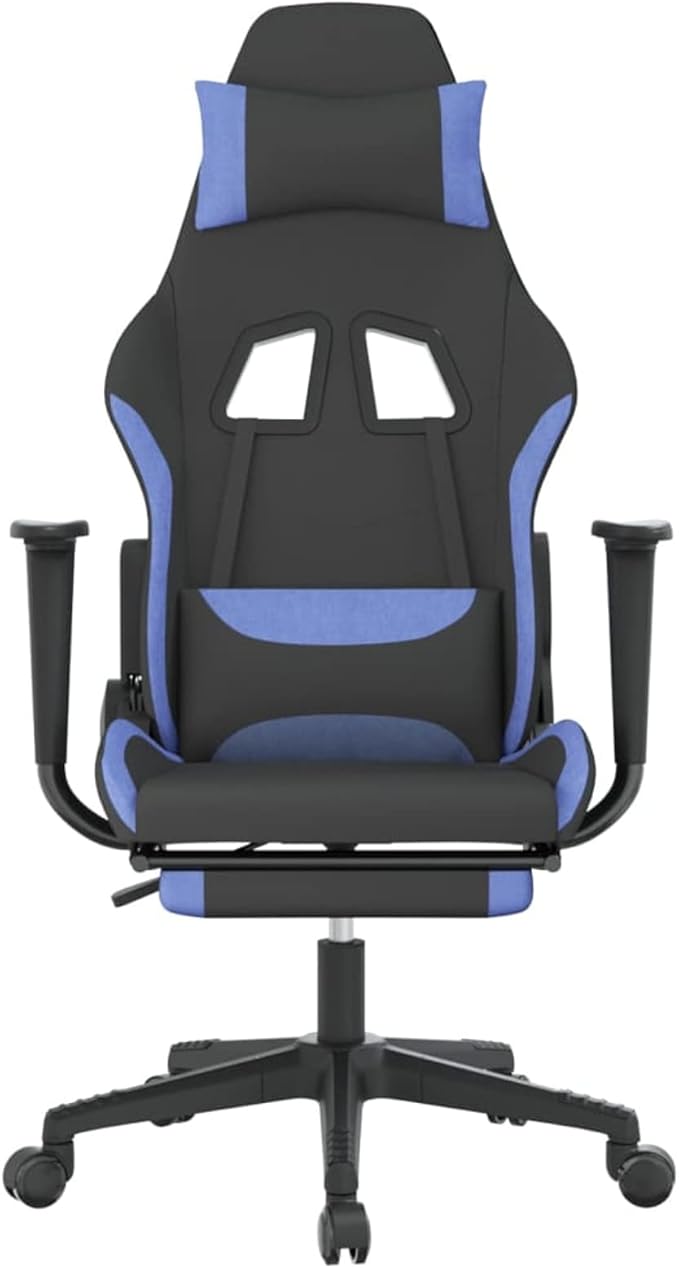 Gaming Chair with Footrest Adjustable Backrest and Height 360 Degree Swivel Rolling Castors Black and Blue Fabric for Home Office and Gaming