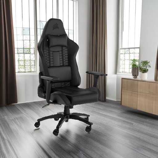 Corsair TC100 Relaxed Gaming Chair - Leatherette - Racing-Inspired Design - Lumbar Pillow - Detachable Memory Foam Neck Pillow - Adjustable Seat Height - Adjustable Armrests - Black
