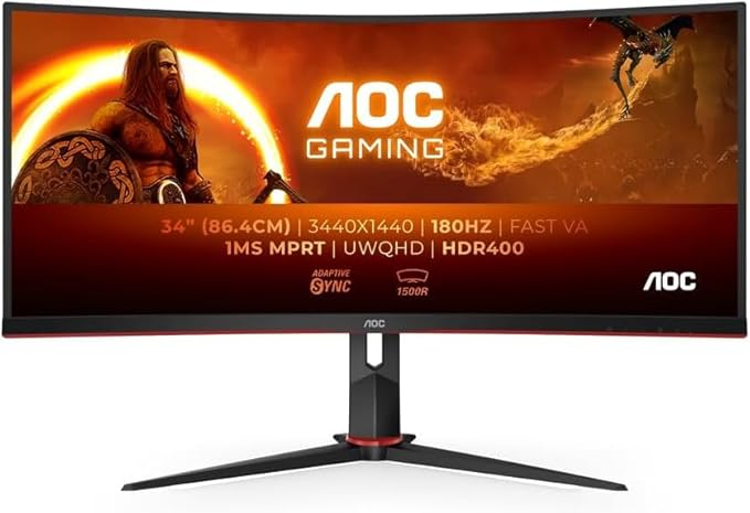 AOC CU34G2XP/BK Gaming Monitor - 34 WLED Curved Monitor - 180Hz Refresh Rate 5ms Response Time (Renewed)