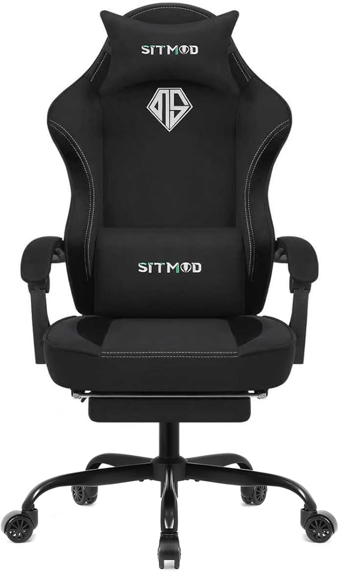 Gaming Chair Video Gaming Chairs for Adults Comfy Fabric Computer Office Chair with Pocket Spring Cushion 350lb Heavy Duty Ergonomic Gamer Chair 360° Swivel Lumbar Headrest 90-150° Recline Black