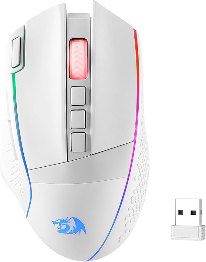 Redragon M991 Wireless Gaming Mouse 26000 DPI 3-Mode Gamer Mice w/Rapid Fire Key 9 Macro Buttons Powerful Capacity and RGB Backlight for PC/Mac/Laptop White