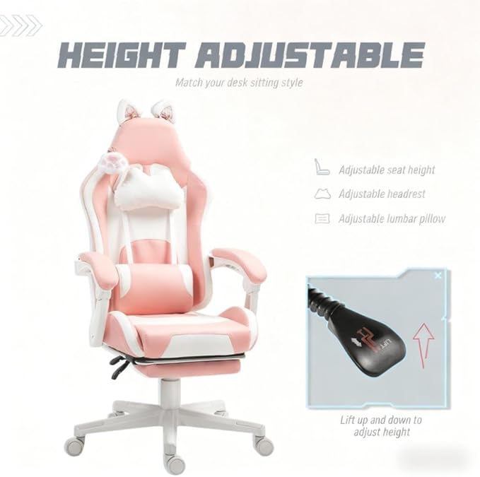 Cute Cat Ears Gaming Chair Girly Ergonomic Computer Chair with High Back 360° Swivel Office Computer Chair with Footrest and Paw Lumbar Cushion for Teens Girls Women (Pink White)